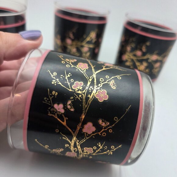 Vintage Cutler Glasses Japanese Pink Cherry Blossoms Mid-Century Modern Set of 4 - Picture 11 of 16